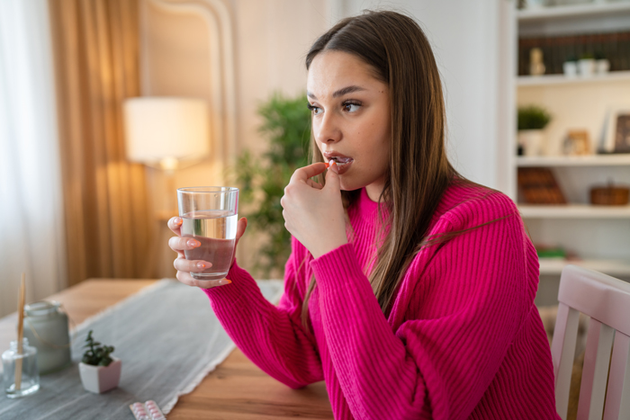 Woman seated at a table, holding a glass of water and taking medicine.