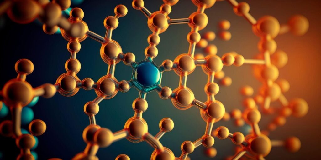 3D rendering of a molecule showcasing intricate bonds and structures in a scientific visualization