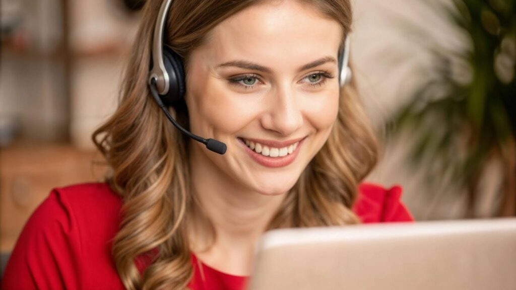 A cheerful woman in a headset uses her laptop, reflecting a productive workspace