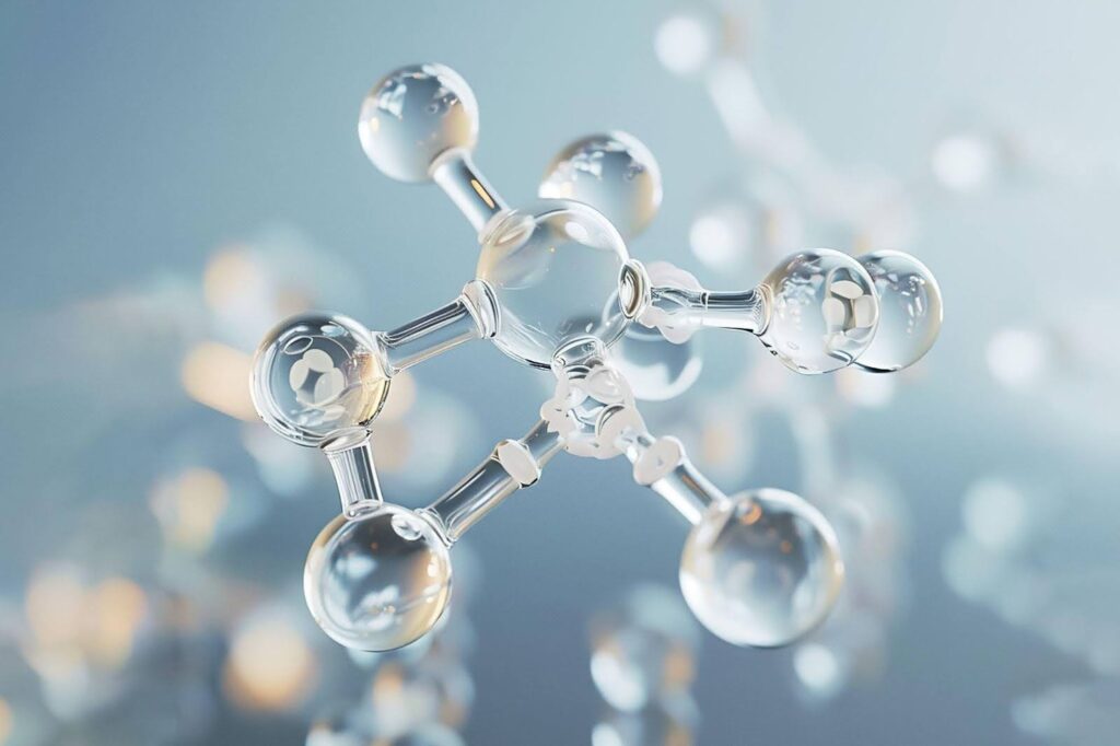 A molecule against a vibrant blue background, showcasing its structure