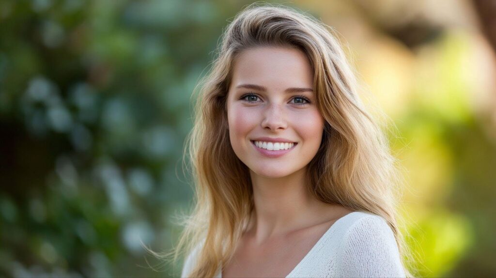 A young woman with long blonde hair smiles brightly, showcasing her beauty
