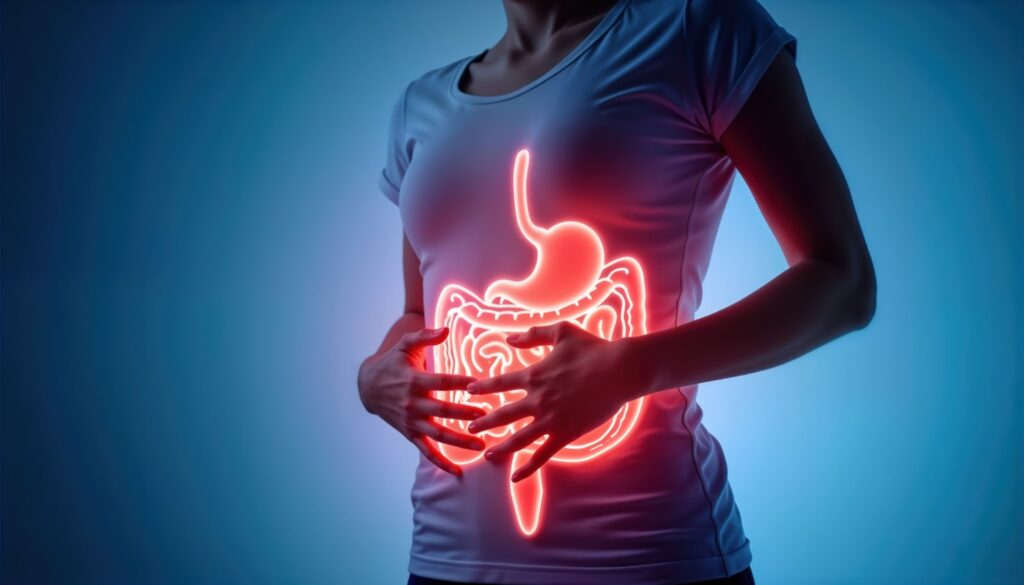 A person holding their stomach with a glowing red digestive system overlay,indicating gut health focus.